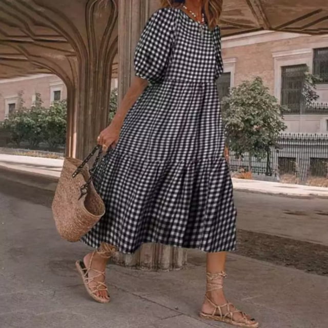 SMihono Robes Bohèmes d'Été Femmes Grande Taille Mode Femmes Manches Courtes Col 0 Été Décontracté Ample Grande Taille Robe à Carreaux