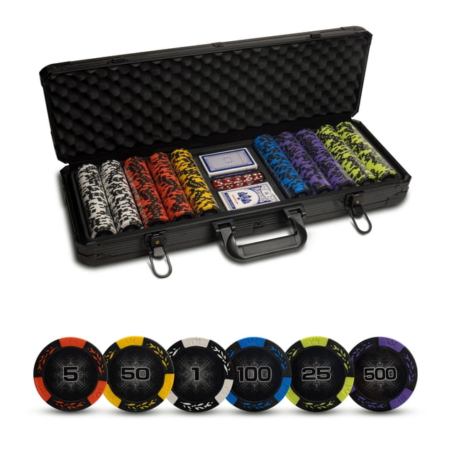 Tradeopia Casino Style Poker Chips Set with Aluminium Storage Case open to show 500 poker chips in six colors with large denominations, two decks of playing cards, five dice, and a dealer chip inside a black foam-lined carrying case, suitable for poker and casino game nights.