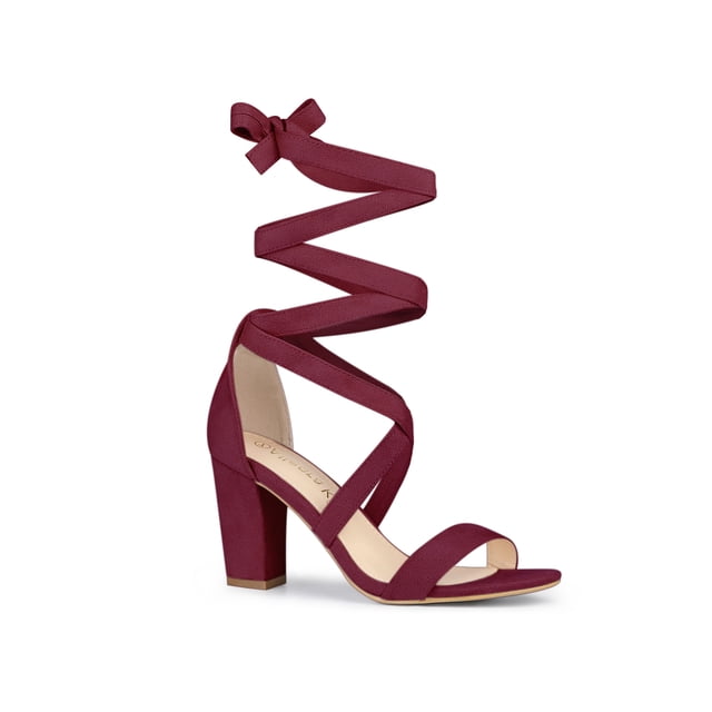 BLISSFUL STEP Women's Sandals Solid Color Mid Block Heels Lace up Sandals Burgundy 9