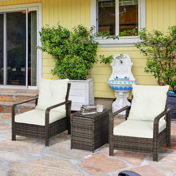 Outsunny 3 Piece Patio Furniture Set, PE Rattan Wicker Storage Table and Chairs w/Tufted Cushions for Outdoor Garden, Backyard, Poolside, Balcony, Beige