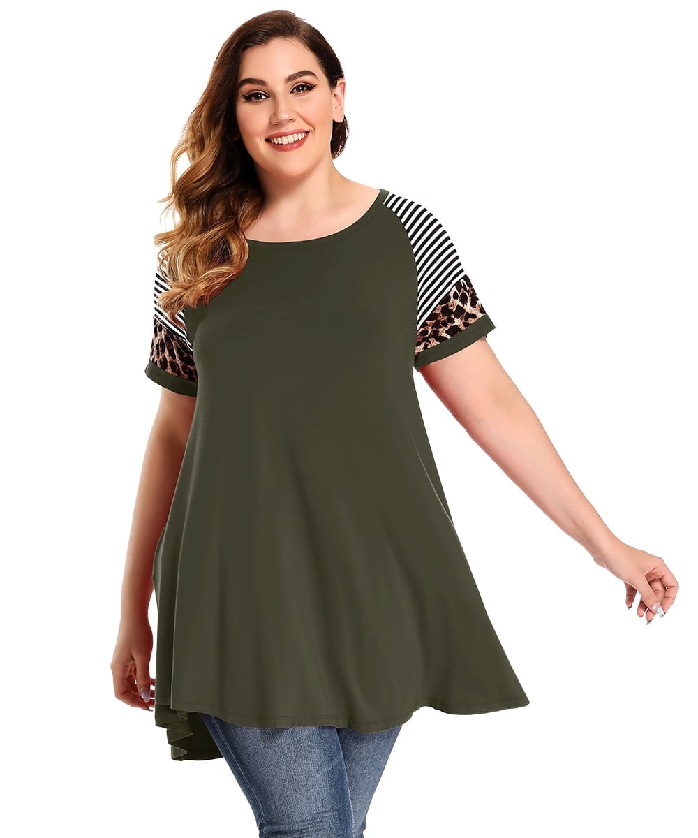 LARACE Plus Size Tunic Tops for Women Pleated Flowy Short Sleeve Shirts ArmyGreen 5X