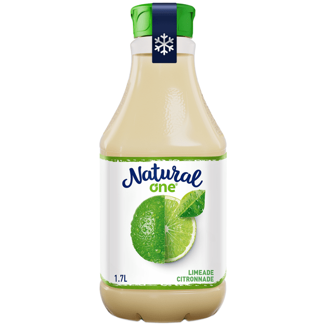 NATURAL ONE LIMEADE 1.7L bottle with green cap and white label featuring a half lime and half lime slice graphic, made with real lime juice, sweetened with cane sugar, and containing no preservatives, suitable as a natural juice drink or mixer.