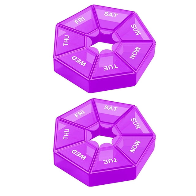 Lot de 2 Étui à Pilules 7 Compartiments Durable Compact Rangement Quotidien Pilules Comprimés Distributeur de Bonbons Portable Maison Voyage Camping Organisateur Boîte Violet