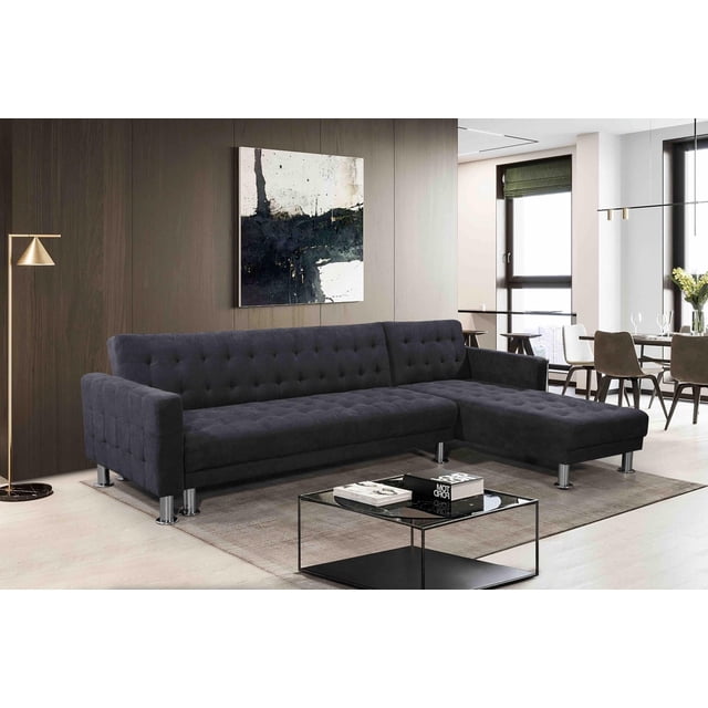 Velago Attalens Adjustable Polyester Sectional Sleeper Sofa in dark grey polyester with tufted cushions and metal legs, reversible L-shaped design in a modern living room with wood panel walls, abstract art, and a glass coffee table on a beige rug, ideal for seating 4-5 people and converting into a queen-size bed.