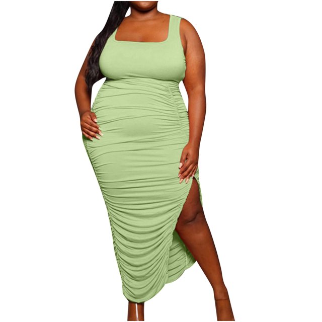 EQWLJWE Longue Robe pour Femmes Robe d'Été pour Femmes Mode Grande Taille Couleur Unie Col en U Sans Manches Plissée Extensible Fendue