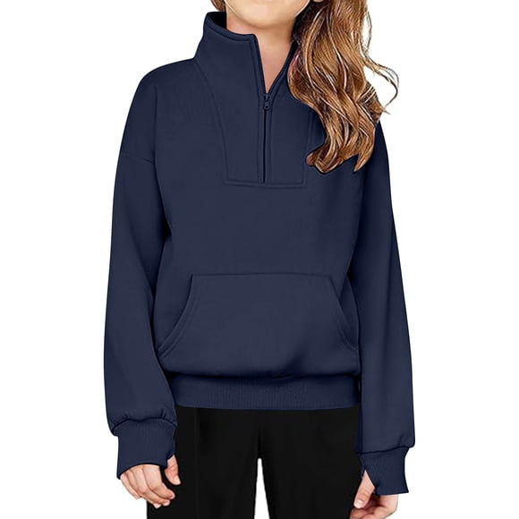 Milgrthf Girls Half Zipper Collar Hoodies Pullover Long Sleeve Casaul 1/4 Zip Up Thumb Holes Hooded Sweatshirts with Pocket Navy 120