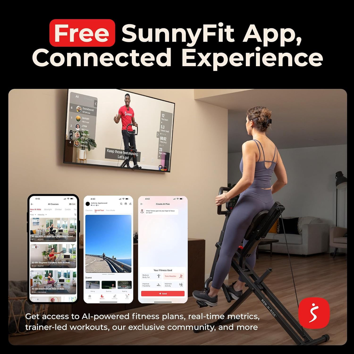 Sunny Health & Fitness Smart Row-N-Ride Robuste – Appareil d'assistance aux squats pour un entraînement complet du corps – NO. 077PLUSSMART