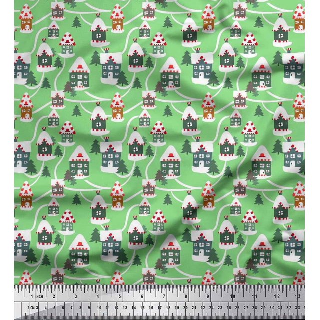 Soimoi Silk Fabric Tree & House Architectural Fabric Prints by Yard 42 Inch Wide