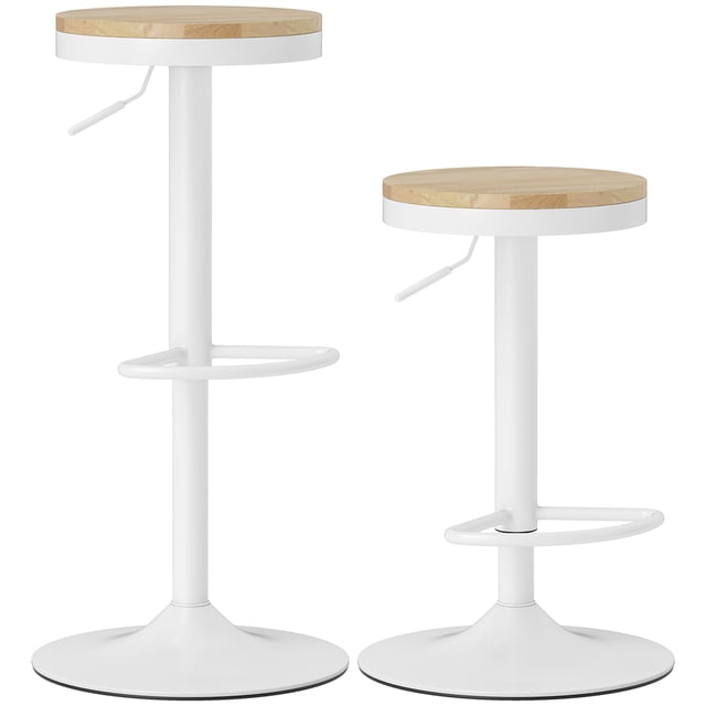 HOMCOM Wooden Bar Stools Set of 2 Adjustable Swivel Barstools in natural wood and white finish. Modern bar stools with solid rubber wood seats, steel frames, adjustable height from 23.6 to 31.5 inches, 360-degree swivel functionality, built-in footrests, and anti-slip rubber rings for floor protection. Ideal for kitchen islands, breakfast bars, and adjustable seating for family gatherings.