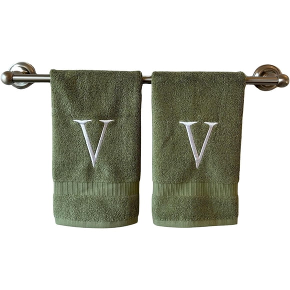 Sage Initial Hand Towel for Bathroom - Monogrammed Luxury Hotel Quality Decorative Embroidered Towel for Powder Room, Spa - GOTS Organic Certified - Set of 2 Letter V