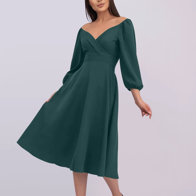 Gspmoly Robes d'Été pour Femmes, Robe de Soirée à la Mode pour Femmes au Tempérament, Col en V, Taille Cintrée, Poche, Manches Longues, Robe de Cocktail pour Femmes, Liquidation