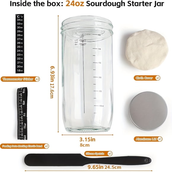 2PCS 24oz Sourdough Starter Kit with Date-Marked Feeding Band, Accurate Thermometer, Fermentation Jar Scraper, Sewn Cloth Cover, and Aluminum Lid for Easy Sourdough Making and Fermentation at Home