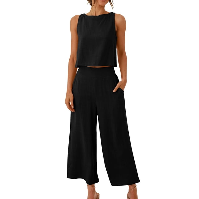 Birdeem 2Pc Fashion Woman Round Neck Solid Sleeveless Blouse +Loose Pockets Pants Sets