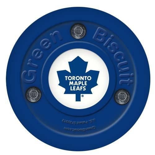 Green Biscuit LNH Team Training Puck - Maple Leafs de Toronto en Bleu, Conçu pour l'Entraînement de hockey hors Glace avec une Forme Ronde Présentant le logo des Maple Leafs de Toronto au Centre, Idéal pour la Maniement du Bâton et la Pratique des Passes.