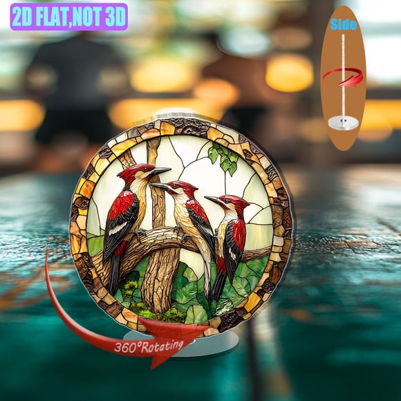 Rotating acrylic display featuring three woodpeckers on a vibrant, decaying tree trunk with rich textures and detail, set against a pure white background