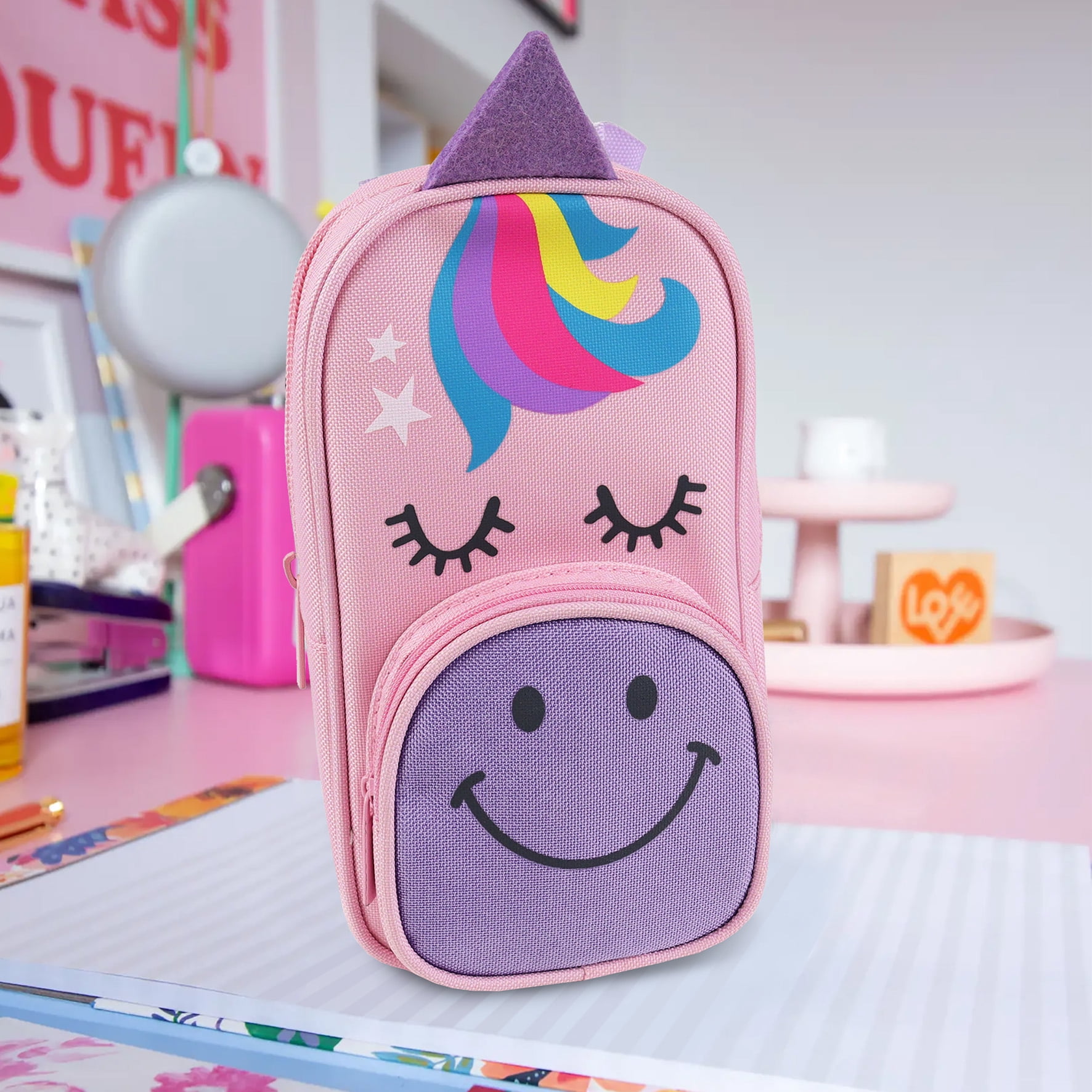 Pen+Gear Trousse à crayons fantaisie en forme de sac à dos avec bandoulière en forme de licorne, polyester rose, l'école primaire et préscolaire