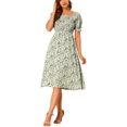 thumbnail image 2 of INSPIRE CHIC Robe pour Femme Smockée à Fleurs à Encolure Carrée Manches Courtes Bouffantes Printemps Été Robes Midi Gris TP, 2 of 7