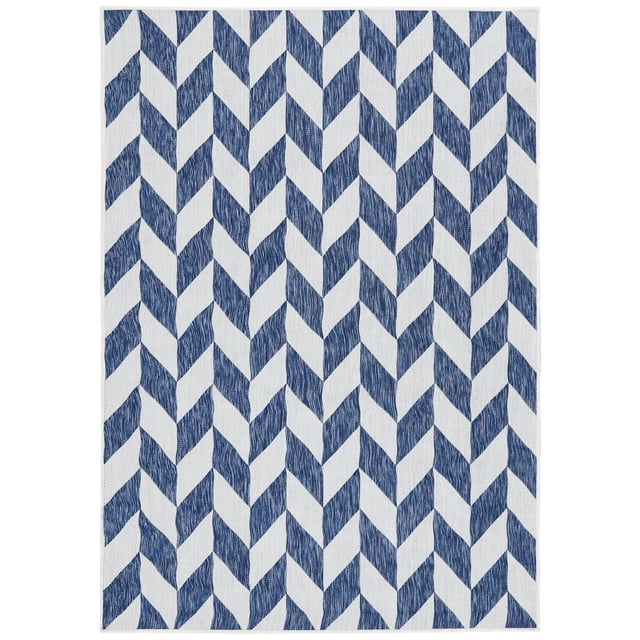 Sunnydaze Tapis d'Extérieur pour Patio à Affinité Géométrique en Bleu Acier - 5 Pi x 7 Pi Mettant en Valeur un Motif chevron Géométrique Frappant en Bleu Acier et Blanc. Fabriqué à Partir de Fil de Polypropylène durable avec un Poil Plat de 0,25 Pouce, Ce Tapis Stabilisé aux UV, Résistant à la Perte de Poils et Résistant aux Taches à 95 % Est Adapté aux Animaux et Idéal pour les Espaces Extérieurs comme les patios, Terrasses et Balcons, Ainsi Que les Espaces Intérieurs comme les Cuisines et les Salons.