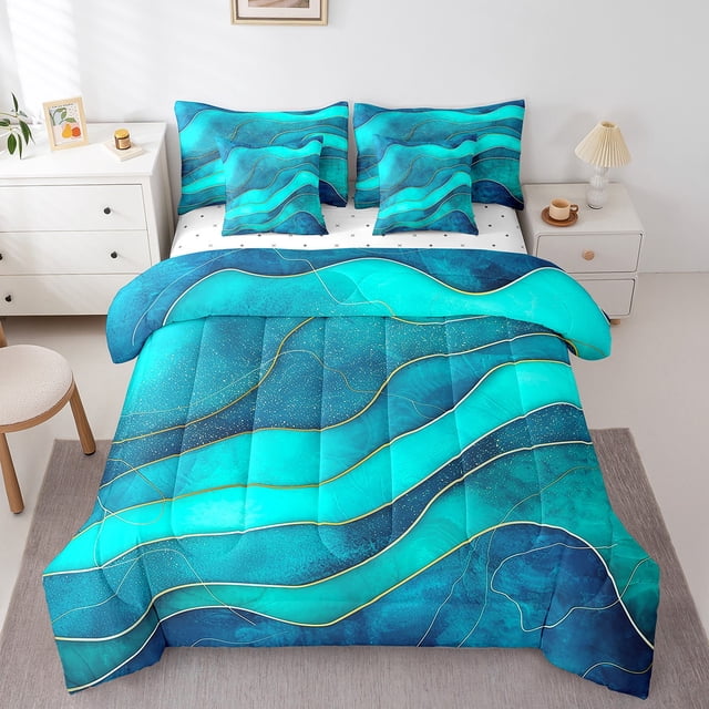 Ensemble de literie à rayures géométriques YST Teal 7 pièces, ensemble de couette océan vague abstraite, Queen