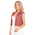 thumbnail image 4 of Womens Distressed Denim Button Up Sleeveless Crop Vest, Red, Medium, 4 of 5