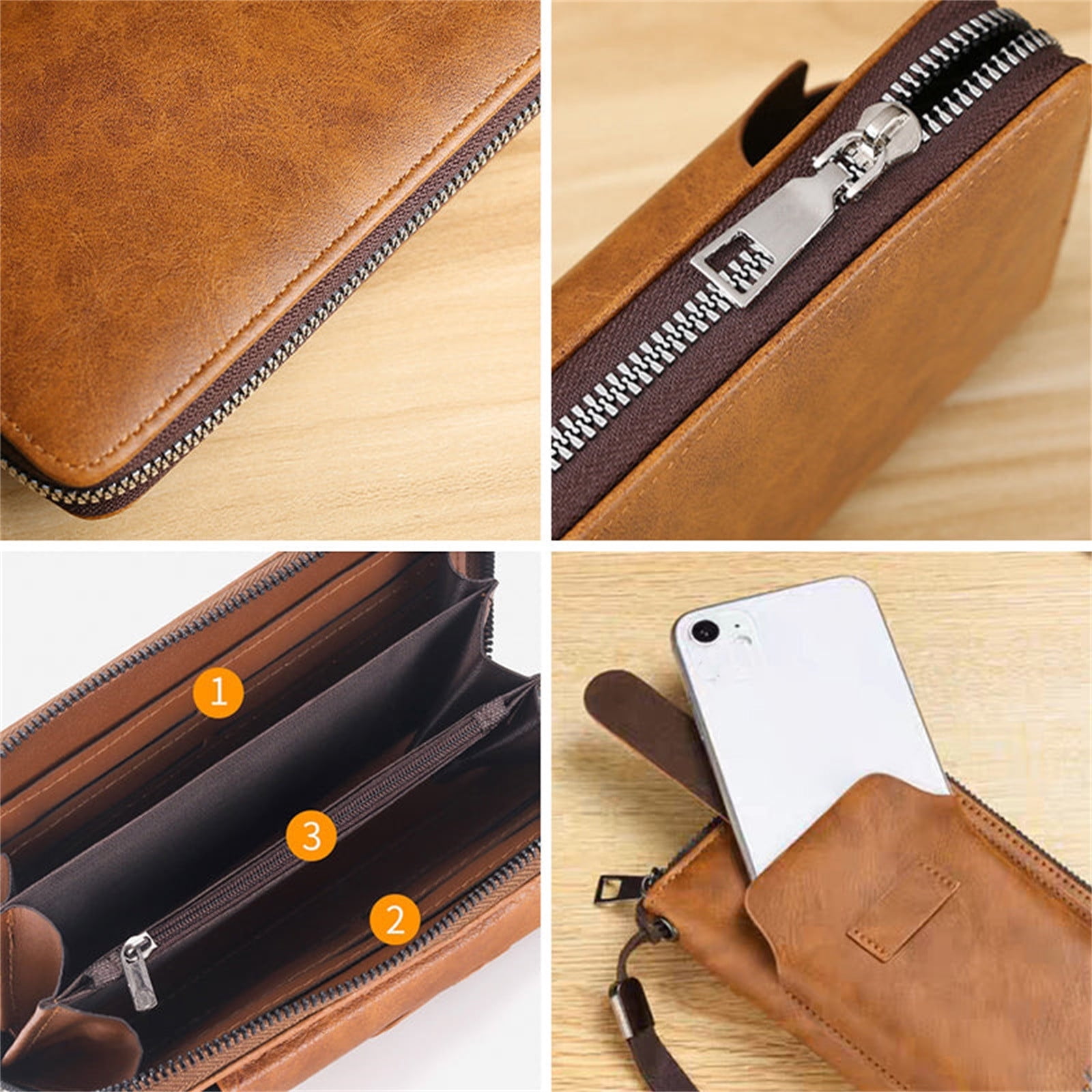 Leather Wallet For Men With Zipper Closure 7.68 in L X 4.13 in W X