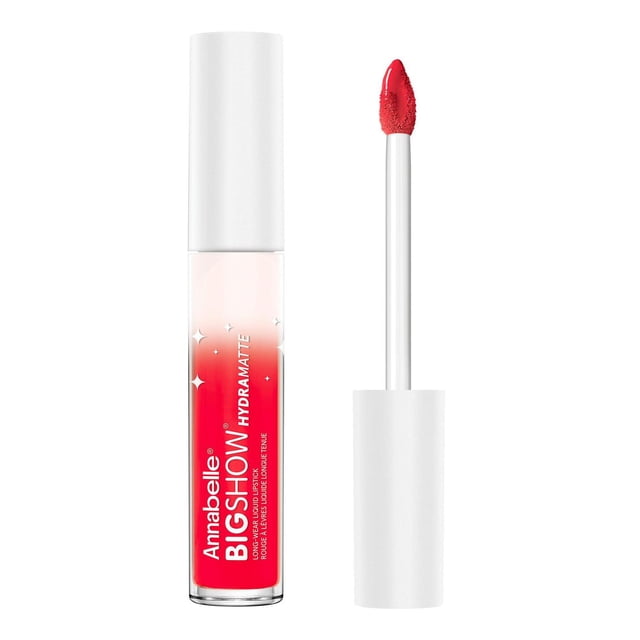 Annabelle Bigshow Hydramatte Liquid Lipstick in a clear tube with white cap, showing vibrant red liquid, alongside a white applicator wand with angled red sponge tip, delivering long-wear, hydrating matte lip colour with high pigment and creamy texture.