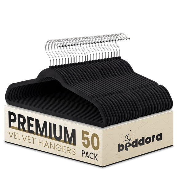 Beddora Black Velvet Hangers 50 pack, Heavy Duty Space Saving Closet Hangers for Coat, Shirt, Dress, Suit, Adult