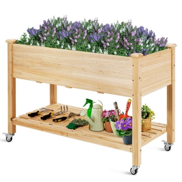 Gymax Jardinière Surélevée en Bois, Bac de Plantation Surélevé avec Roues Verrouillables, Tablette et Doublure