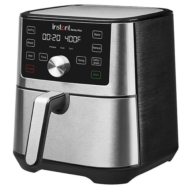 Instant Pot Vortex™ Plus 4-Quart Air Fryer in brushed stainless steel and black, shown in a 3/4 front view with digital display set to 20 minutes at 400°F. Features touch controls for Air Fry, Roast, Broil, Bake, Reheat, Dehydrate, a central dial, and a handle for the removable cooking basket, ideal for healthy, oil-free cooking on the countertop.