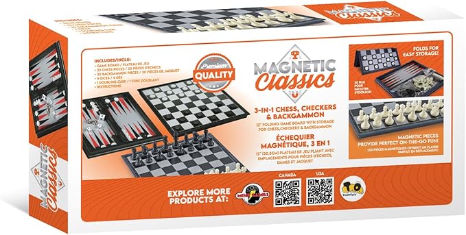 Tradeopia Classiques Magnétiques – Jeu Magnétique 3 en 1 Échecs, Dames & Backgammon de 12 pouces