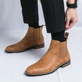 thumbnail image 4 of Men's Chelsea Boots Fashion Leather Pointed Toe Winter Fall Elastic Slip on Mid Calf Short Ankle Booties, 4 of 6