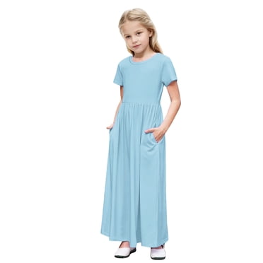 biudgviw Girls' Maxi Dress Short Sleeve Crew Neck Solid Color A-Line Casual Dress Summer Long Dresses with Pockets