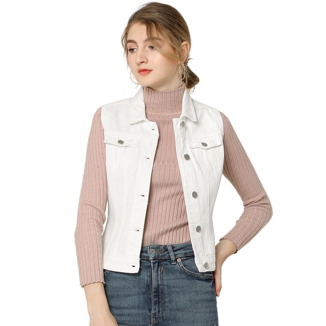 INSPIRE CHIC Gilet en Denim pour Femmes à Poches à Rabat de Poitrine Délavé, à Simple Boutonnage, en Denim Blanc. le Gilet Présente un Col Rabattu, un design Sans Manches et des Poches à double Rabat sur la Poitrine. Il s'Ouvre sous un Col Roulé Rose Côtelé et s'Agence avec des jeans Bleus. le Tissu Léger et Respirant Offre une Coupe Décontractée avec une Ambiance punk vintage. Convient aux Voyages, aux Activités de Plein Air Ou à la Détente Décontractée.