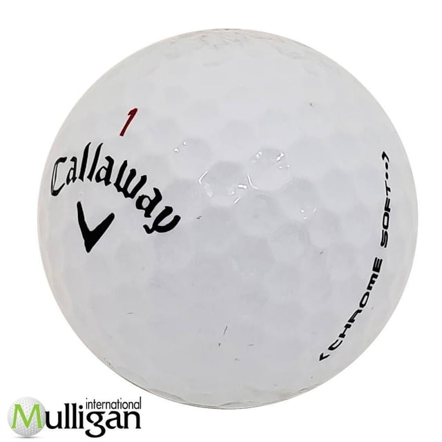 Balles de Golf Recyclées Callaway Chrome Soft/x, Lot de 12, par Mulligan Montrant un Gros Plan d'Une Balle de Golf Blanche à Bosses avec logo Callaway Noir, Numéro Rouge 1 et Texte Chrome Soft/x Noir, Soulignant Sa Qualité Recyclée et Sa performance au Niveau de la Tournée, Idéal pour les Golfeurs Écoresponsables.