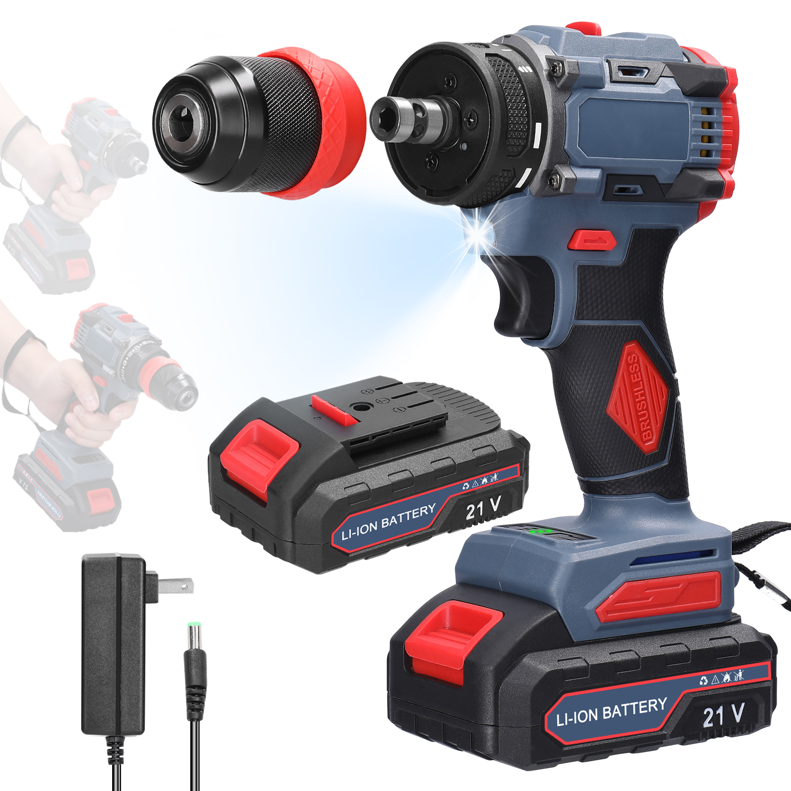 21V 2-in-1 Lithium Drill & Electric Screwdriver- Multi-Function Power Tool with 55Nm Torque Brushless Motor