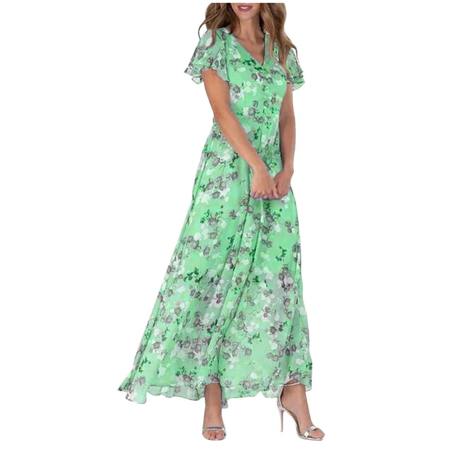 Robes pour Femmes Évasées Longues Froncées Robe Midi Chiffon Florale Courte Travail Décontractée Robes Manche Volant Col en V Robes Décontractées Été Mode Taille Fluide Robe Maxi Robe Longueur Petite Robes