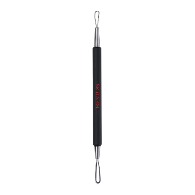 Revlon Détacheur de Taches au Toucher Doux avec Poignée au Toucher Doux Noir Mat et logo Revlon Rouge, Boucles en Acier Inoxydable à Double Extrémité pour une extraction Efficace des Points Blancs, Points Noirs et pores Bouchés, Montré sur Fond Blanc.