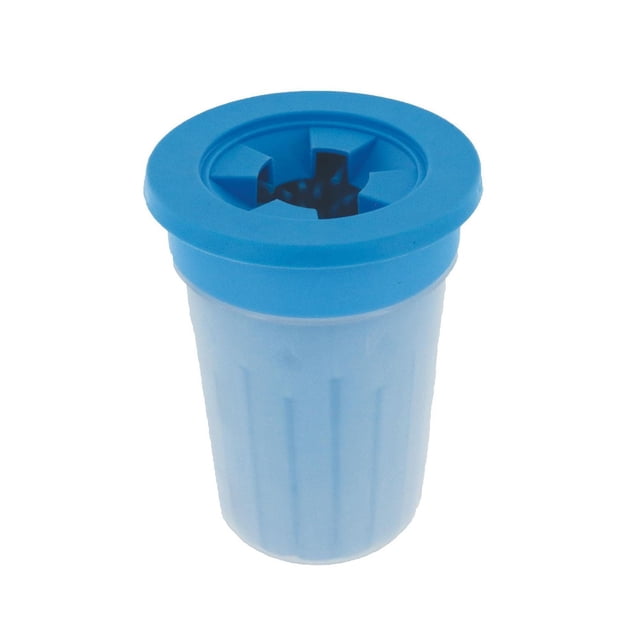 Finn & Winston Portable Pet Paw Cleaner Medium in blue with a translucent body and a blue silicone lid featuring soft bristles and a 2.625-inch opening, designed to remove mud, salt, and dirt from medium-sized dog paws; disassembles for easy cleaning.