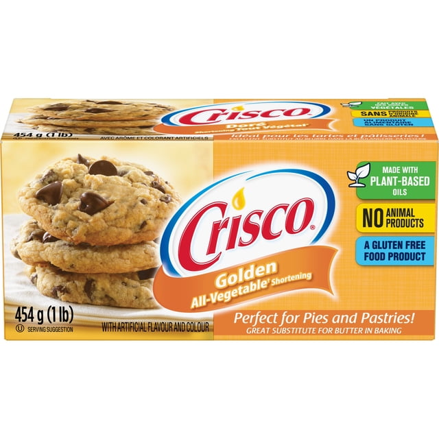 Crisco Golden Raccourcissant 454 g (1 lb) Boîte Montrant des Biscuits aux Pépites de Chocolat Empilés, Mettant en Valeur un Raccourcissant Tout Végétal Fait avec des Huiles d'Origine Végétale, Sans Produits d'Origine Animale et Sans Gluten. Idéal pour les Tartes et les Pâtisseries comme Substitut au Beurre en Pâtisserie.