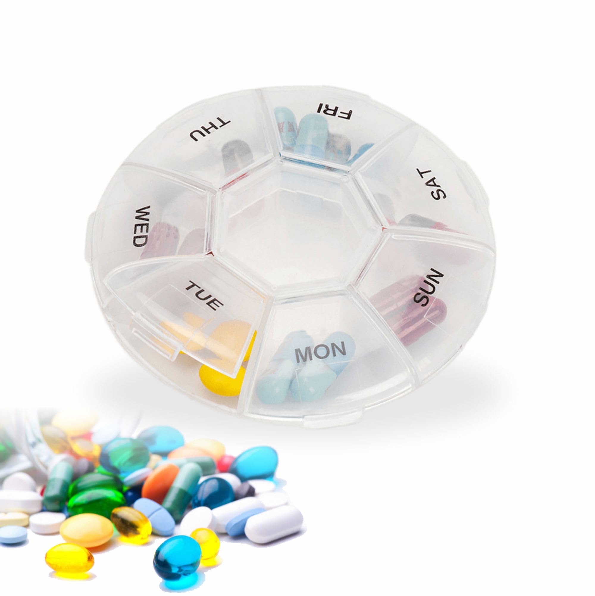 Pill organizer, transparent pill box for 7 days, weekly pill plan with notes for Sunday to Saturday pills