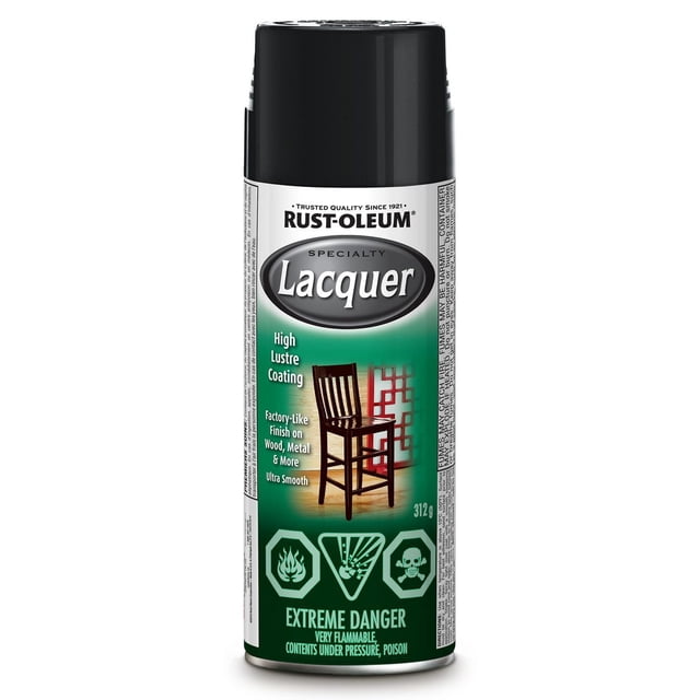 Rust-Oleum Specialty Lacquer- Gloss Black spray paint can with black cap, designed for high lustre coating and factory-like finish on wood, metal, plaster, masonry, and unglazed ceramic, featuring fast drying and indoor/outdoor use, with hazard warnings for flammability and poison.