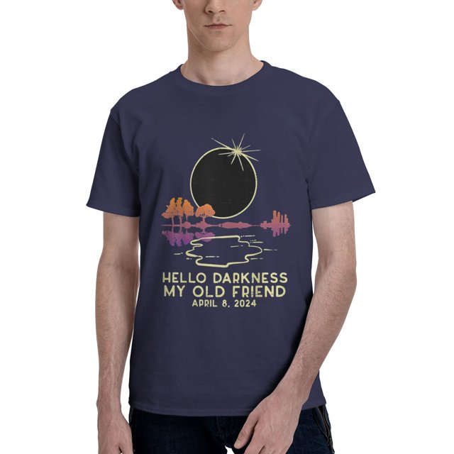 Hello Darkness Funny Solar Eclipse 2024 April 8 Fashion Men's Basic Short Sleeve T-Shirt in navy blue, size XX-Large. Features a solar eclipse graphic with text 'Hello Darkness My Old Friend April 8, 2024' in yellow. Ideal for casual wear, made of 100% cotton for solid colors, lightweight with a classic fit, and double-needle sleeve and bottom hem.