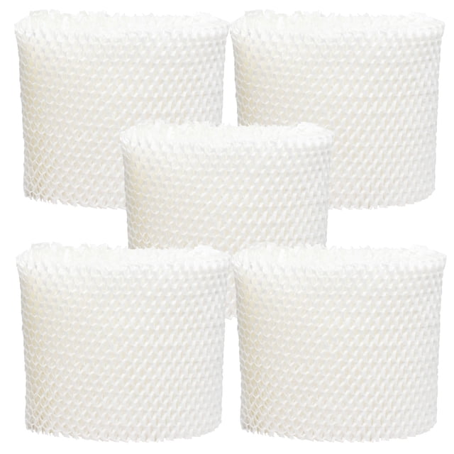 5-Pack Replacement Vicks WF2 Humidifier Filter by UpStart Components, compatible with Vicks WF2 air filters. Each filter measures approximately 5 inches in height, 3 1/2 inches inner diameter, and 5 1/2 inches outer diameter. The image shows five white, honeycomb-textured filters arranged in a group.