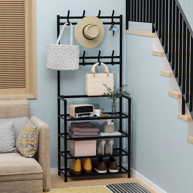 Wzzjkit Shoe Rack for Closet, a black polyester multi-layer storage rack with hooks for coats and bags, and shelves for shoes and accessories. It is shown in a home entryway near a staircase, measuring 60x26x151cm.