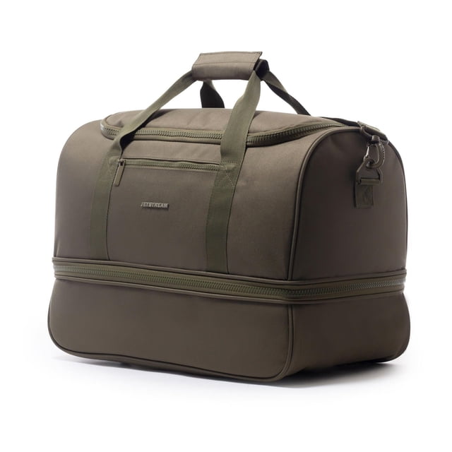Jetstream 20 inch Duffle Bag for Travel in olive green polyester with two spacious compartments including a bottom zippered section, removable adjustable shoulder strap, dual carry handles with padded grip, front zip pocket, and back luggage strap for secure attachment, ideal for gym use and weekend travel.