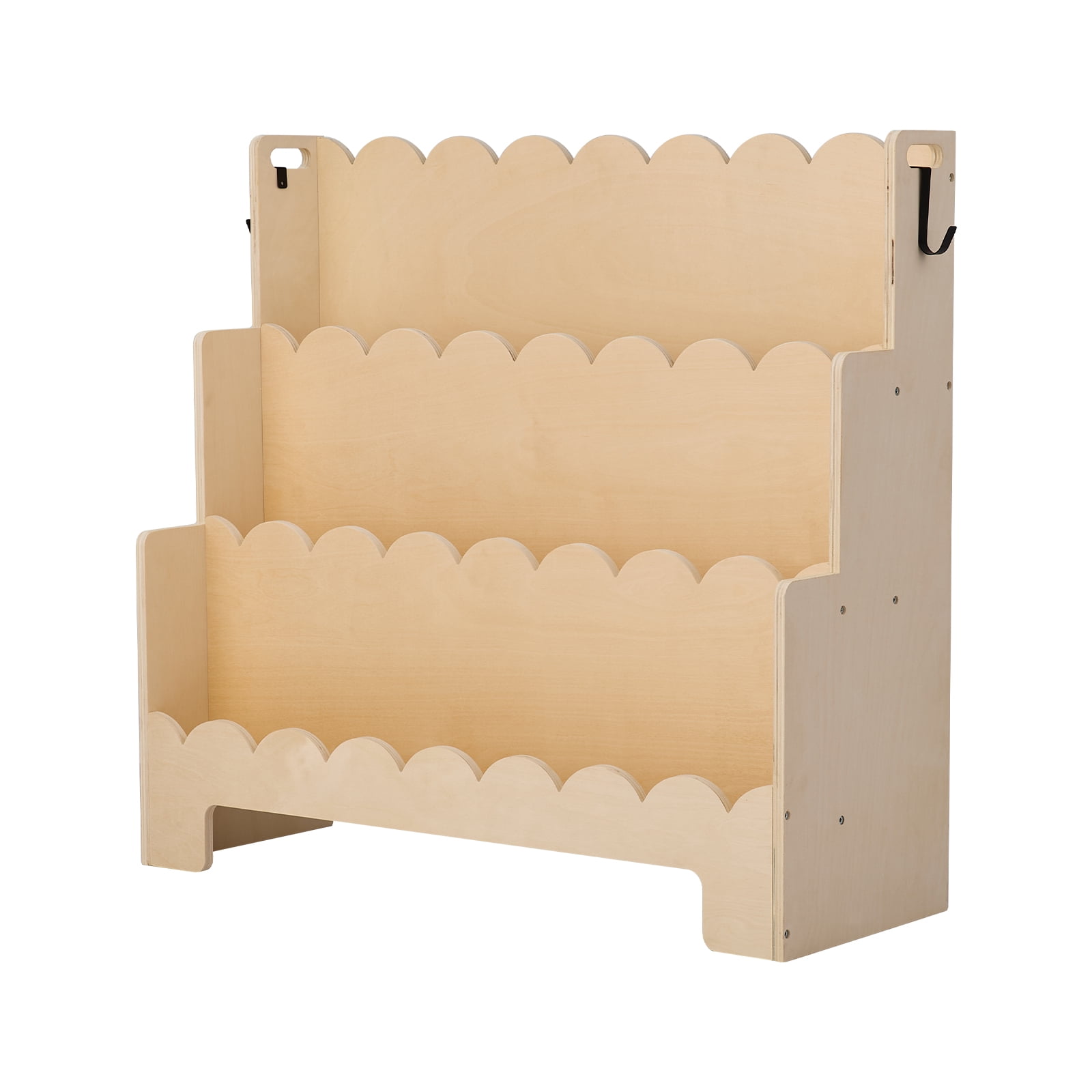 KFFKFF Montessori Bookshelf, 3-Tier Scalloped Kids Bookshelf, Front Facing Toddler Bookcase, Dual Hooks for Hanging Backpacks