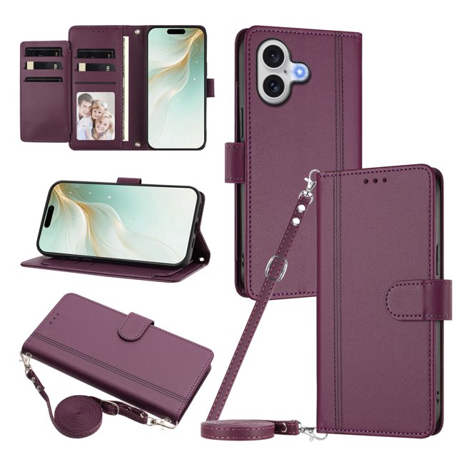 iPhone 17 Leather Wallet Case, Book Style Cover with Tab Closure, Dark Purple