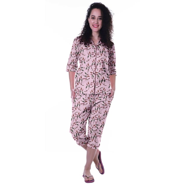 Moomaya Chemise en Coton Imprimé à Manches 3/4 avec Capri Ensemble de Nuit 2 Pcs Vêtements de Nuit pour Femmes