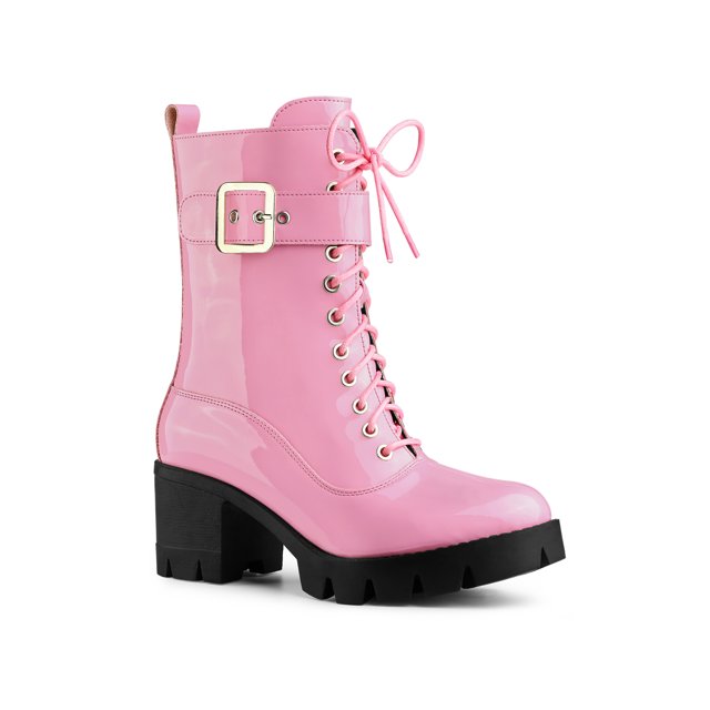 Unique Bargains Women's Zip Platform Chunky Heel Combat Boots Pink (Size 10)