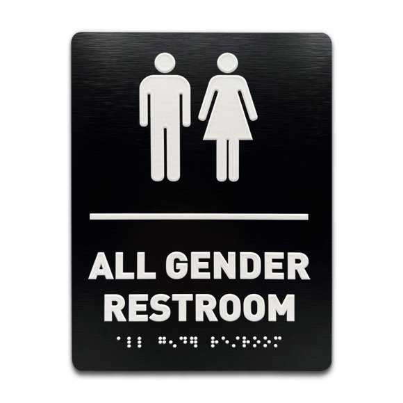 All Gender Restroom Identification Sign - ADA Compliant Bathroom Sign Raised Icons Raised Braille Brushed Black TCO Inspection Certified (6"" W x 8"" H) - by GDS